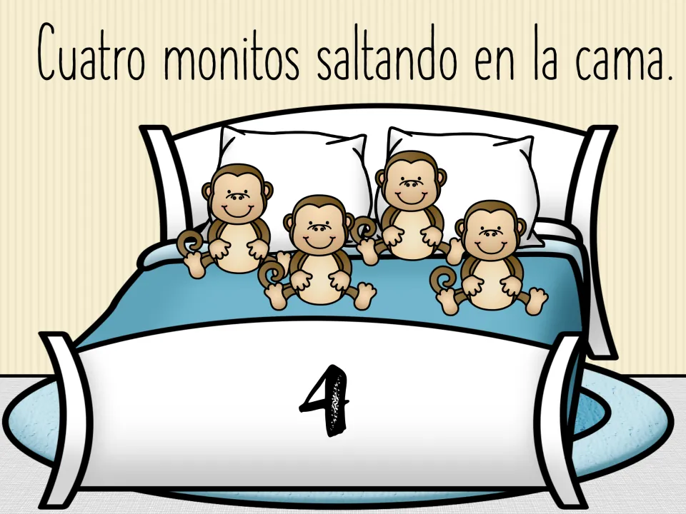 Spanish countdown scene: 'Cuatro monitos saltando en la cama' (Four little monkeys jumping on the bed), number 4