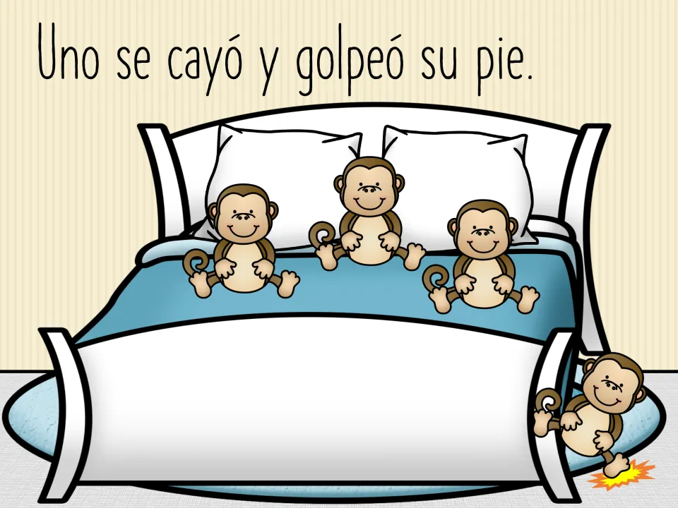 Spanish story scene: 'Uno se cayó y golpeó su pie' (One fell and hit his foot), leaving three on the bed