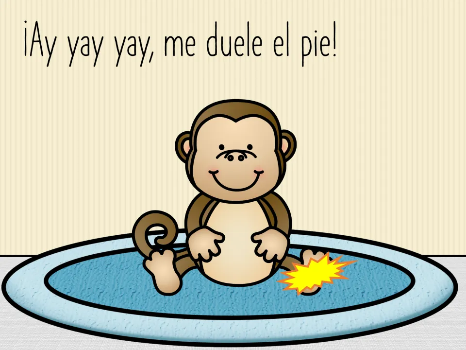 Spanish story refrain: '¡Ay yay yay, me duele el pie!' (Ow, ow, ow, my foot hurts!), with the fallen monkey