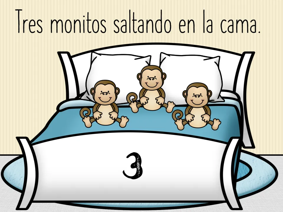 Spanish countdown scene: 'Tres monitos saltando en la cama' (Three little monkeys jumping on the bed), number 3