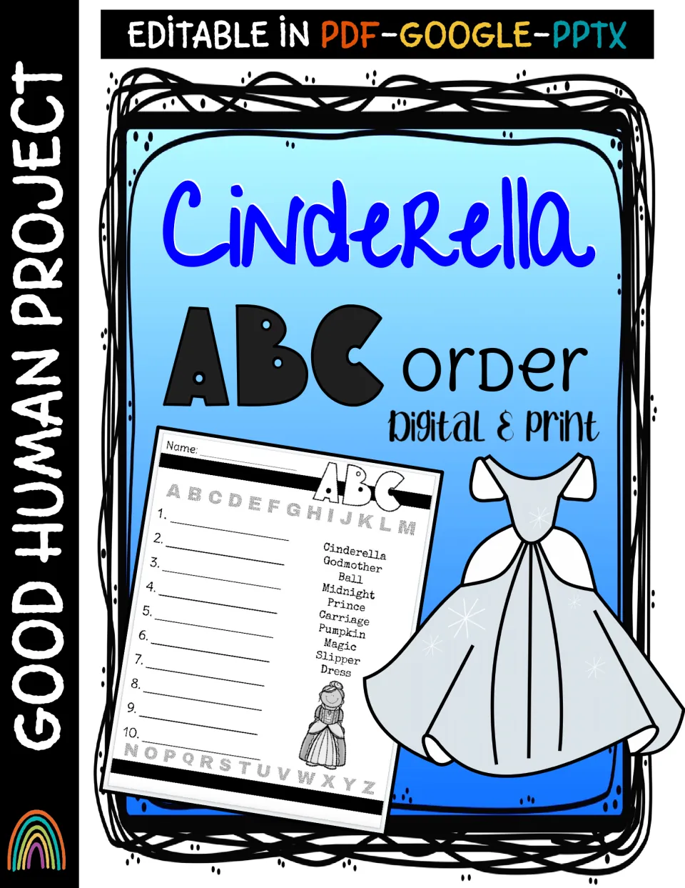 Cover of Cinderella ABC Order, digital and print, editable in PDF, Google and PPTX, showing a word list sheet and a gown