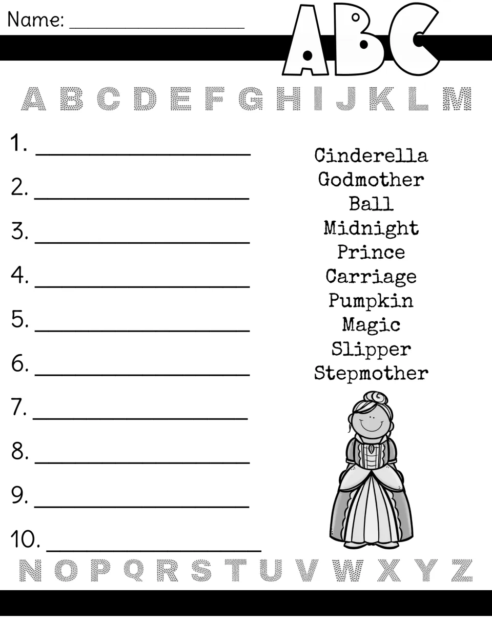 Alphabetizing fairy tale words: students write Cinderella, Godmother, Ball, Midnight, Prince and 5 more words in A-Z order