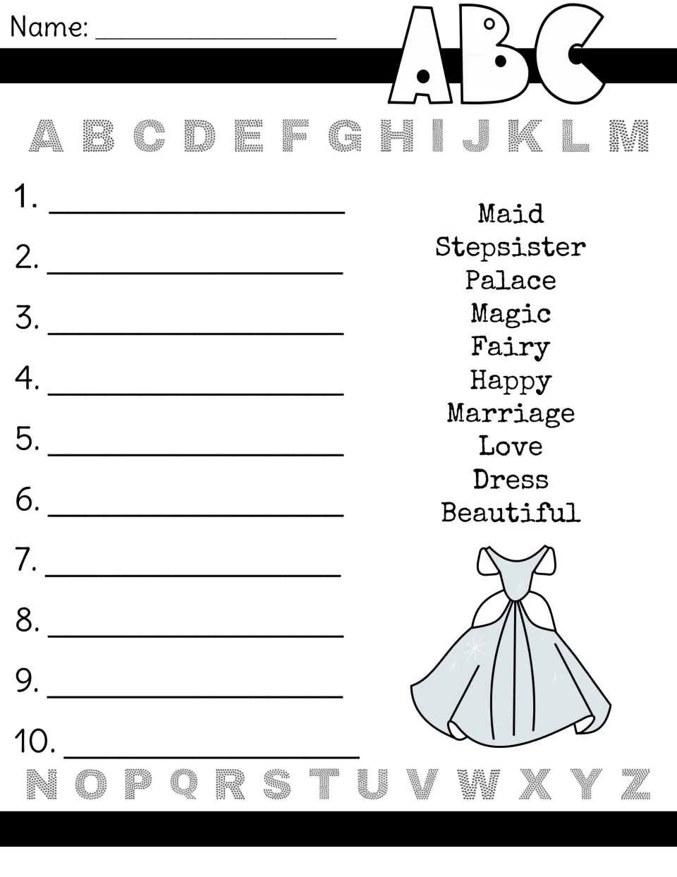 Alphabetical order practice: students sort Maid, Stepsister, Palace, Fairy, Happy, Dress and 4 more story words A to Z
