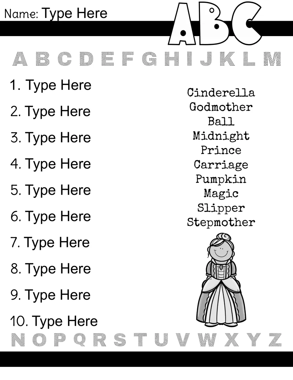 Digital alphabetizing sheet: students type 10 story words such as Godmother, Pumpkin and Slipper in A-Z order on screen