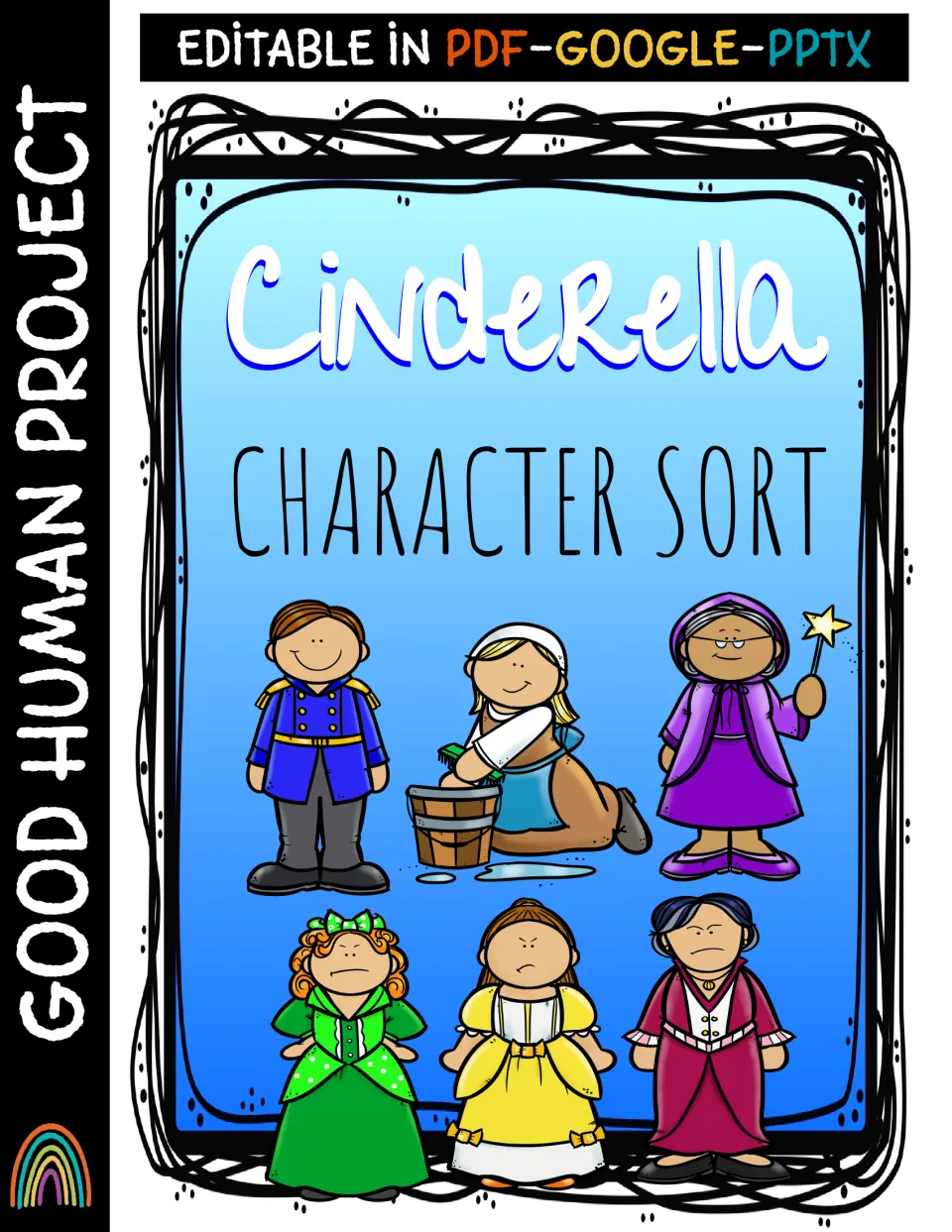 Cinderella character sort cover, editable in PDF, Google and PPTX, picturing the prince, Cinderella and her stepfamily