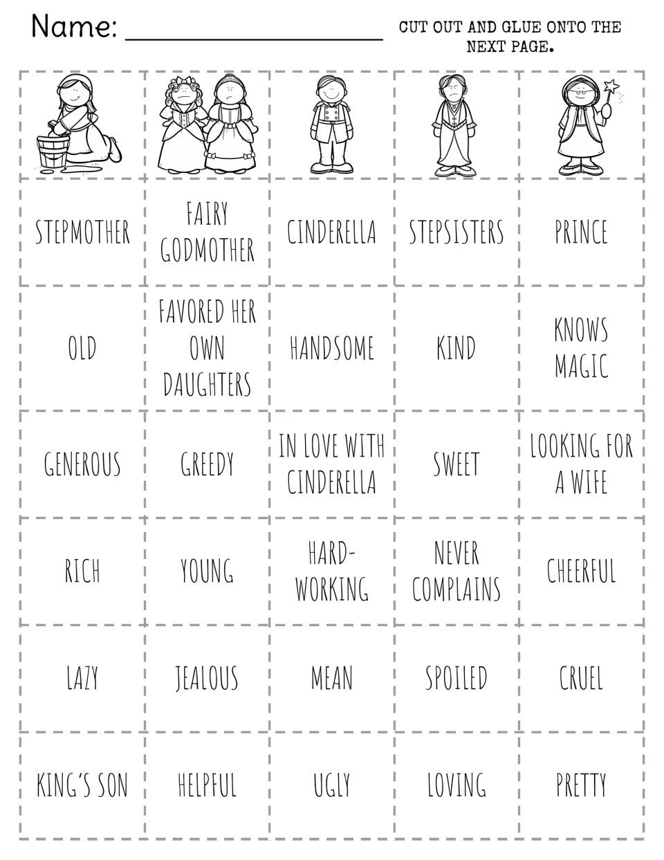 Cinderella cut-out cards: five character pictures, name labels and traits like kind, greedy and knows magic to sort