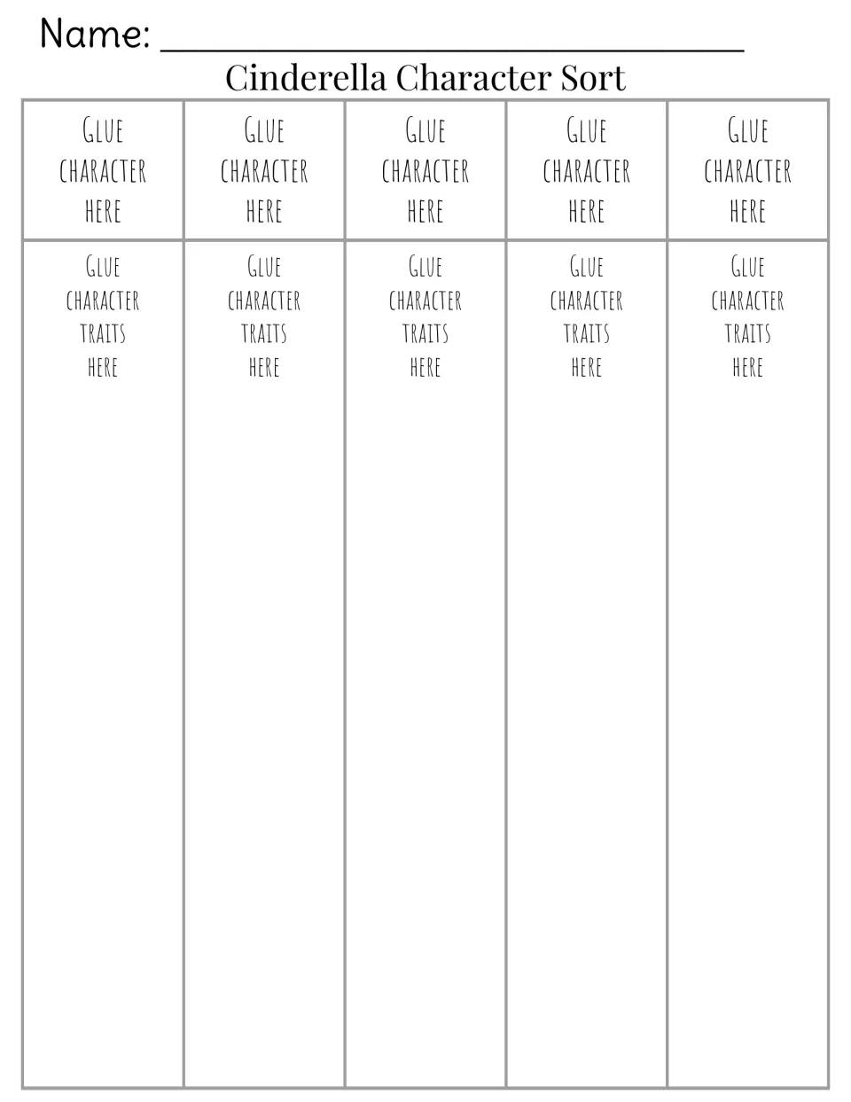 Cinderella sorting mat: students glue each character atop a column and paste matching trait cards below