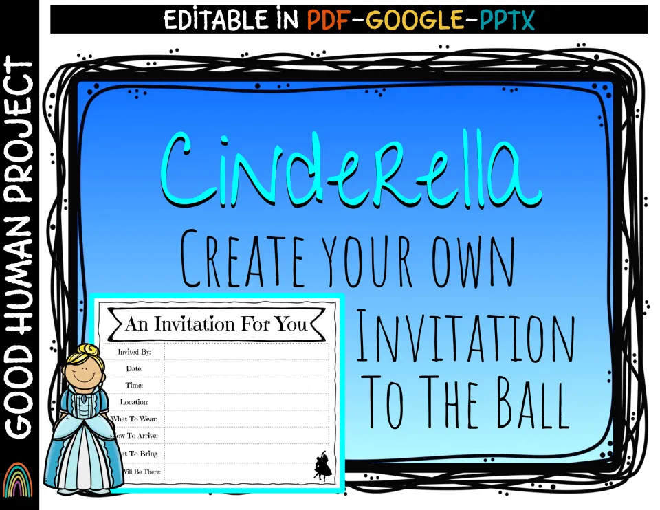 Cinderella cover: create your own invitation to the ball, editable in PDF, Google and PPTX, with a sample invitation form