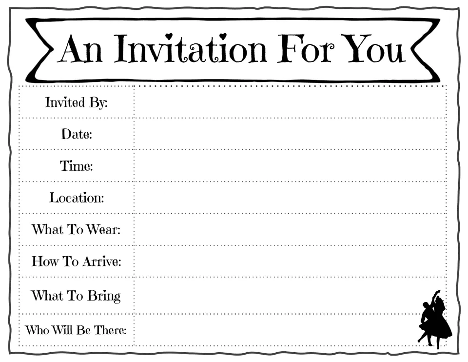Ball invitation in black and white: students fill in who invited them, date, time, location, what to wear and how to arrive