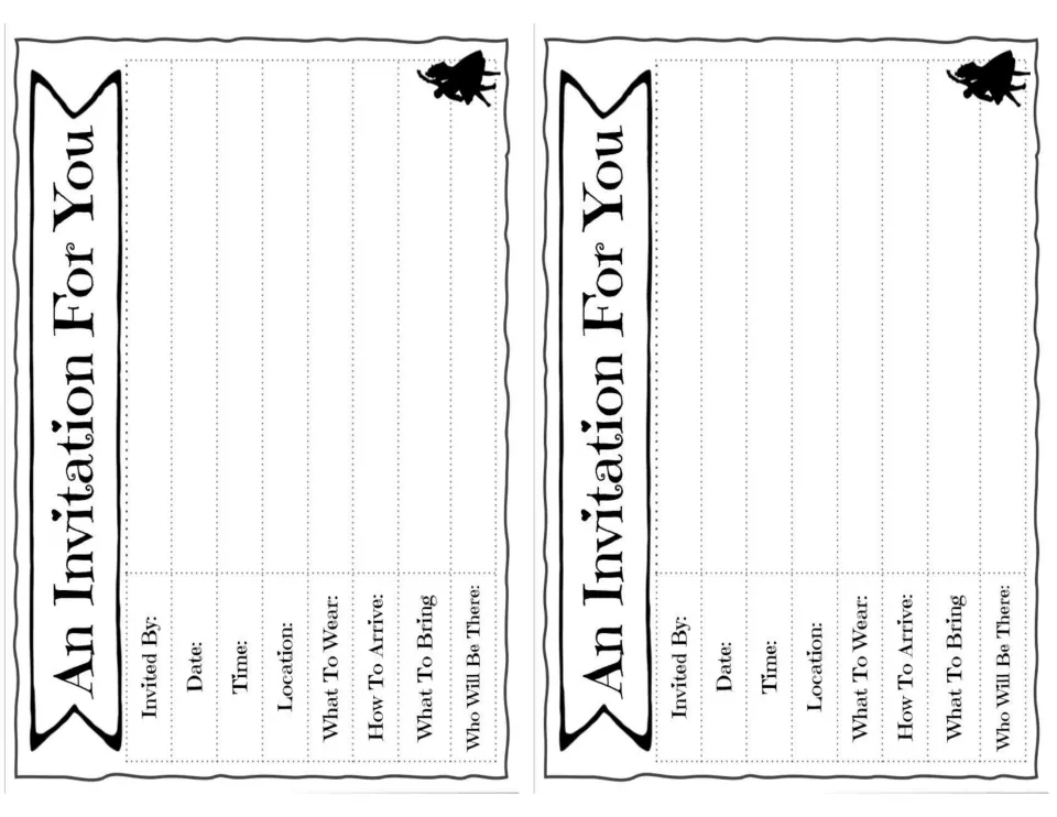 Two half-page ball invitations in black and white: each asks for date, time, location, attire and who will be there