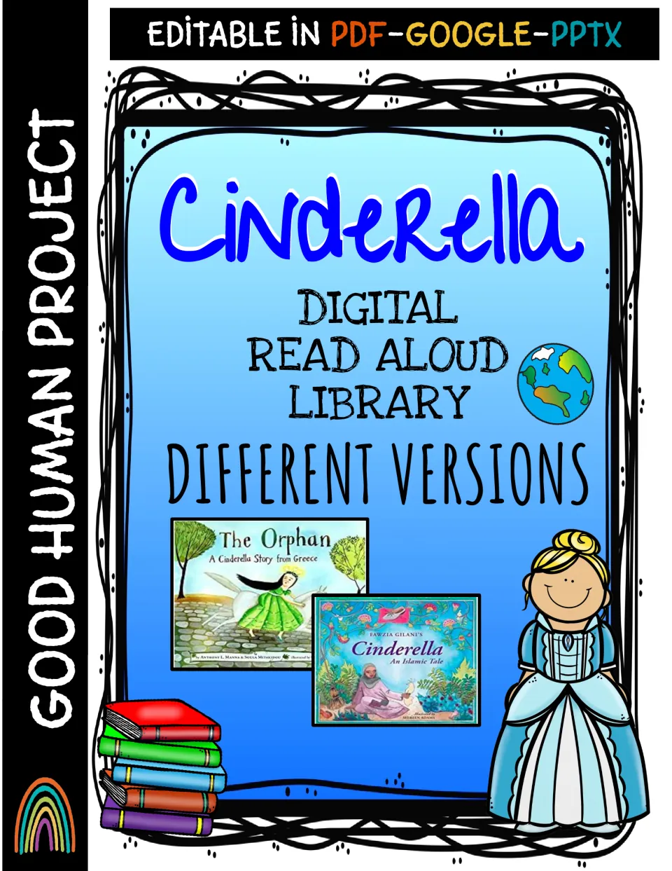 Cinderella digital read aloud library cover: different versions of the tale, editable in PDF, Google and PPTX formats