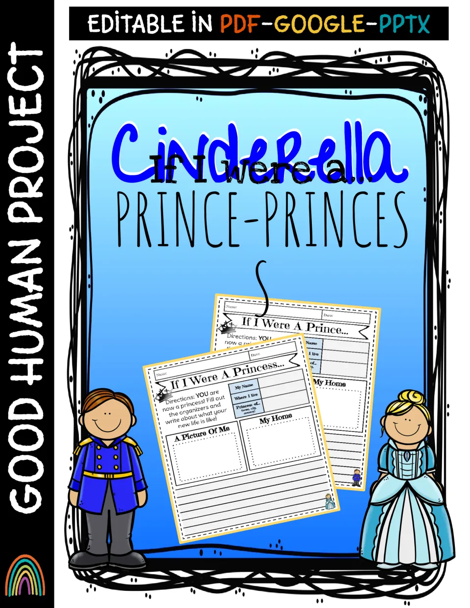 Cinderella If I Were a Prince-Princess cover showing princess and prince writing pages, editable in PDF, Google, PPTX