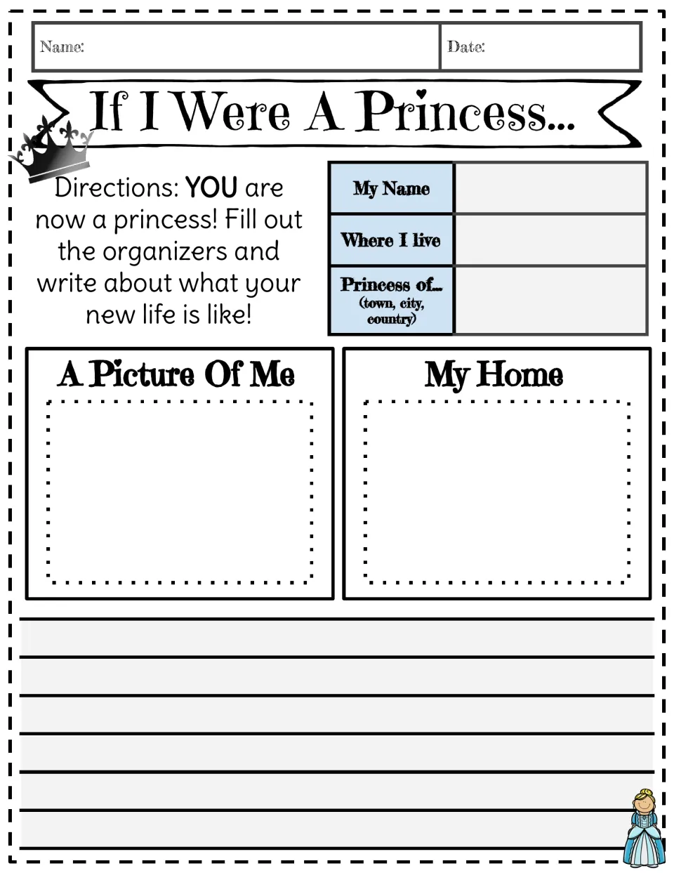 If I Were A Princess writing: students record name and home, draw themselves and their home, then describe their new life