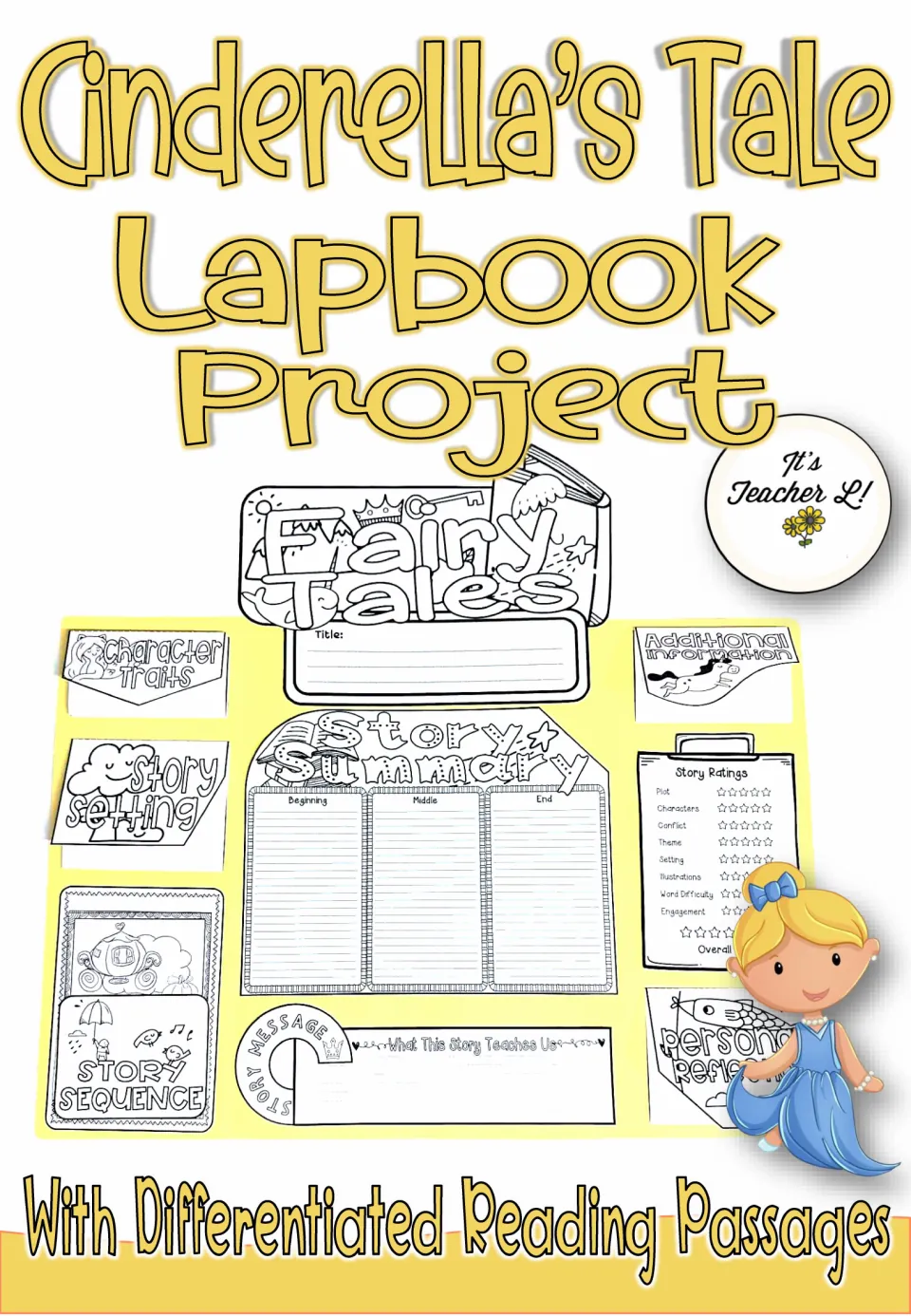 Cinderella lapbook resource cover showing a completed project with story summary and reading response components