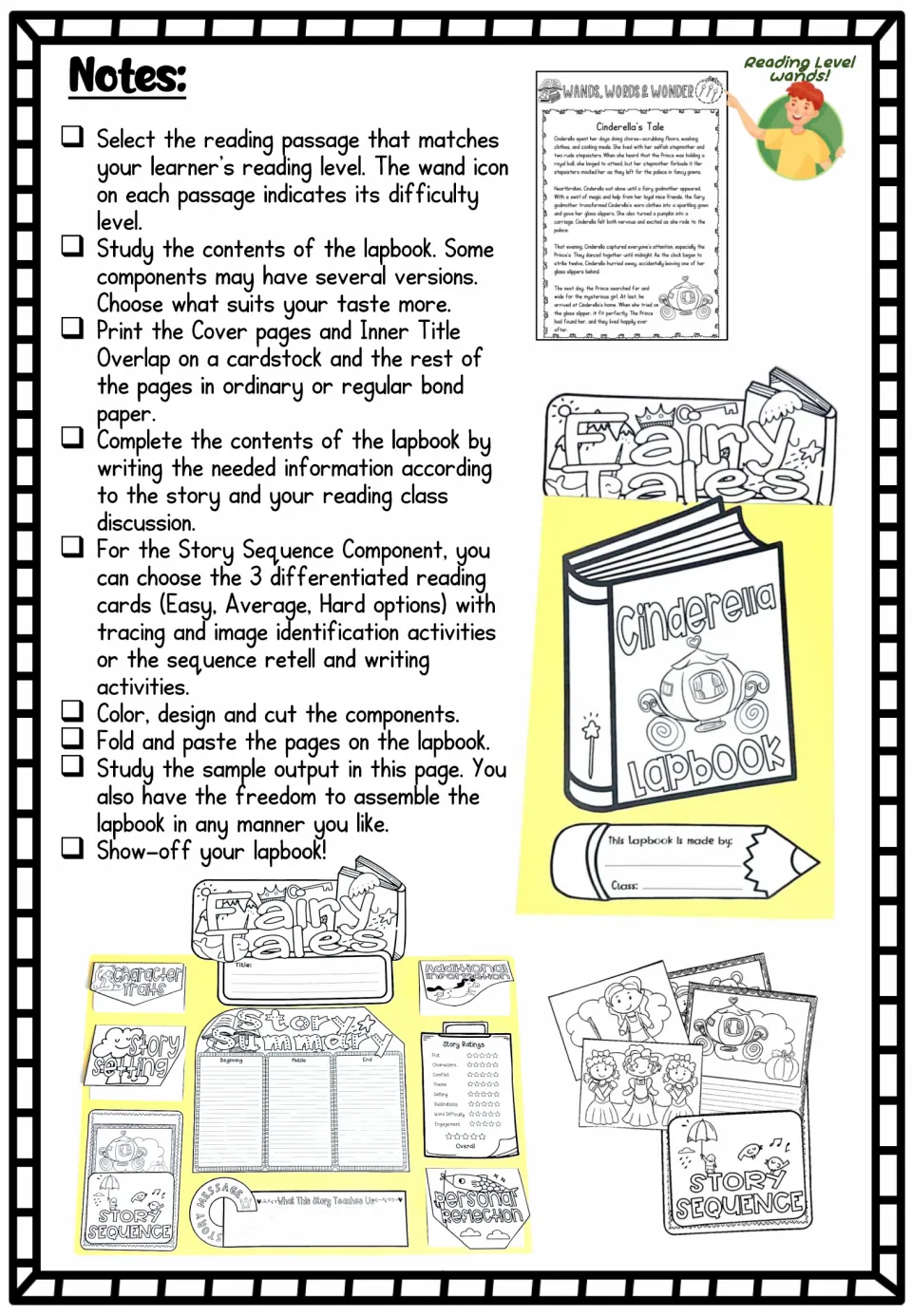 Lapbook directions explain choosing reading levels, printing, completing responses, cutting, folding, and pasting