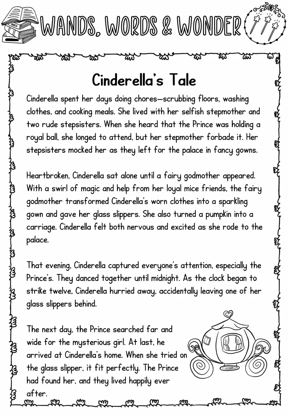 Three-wand Cinderella passage recounts her stepfamily's cruelty, magical transformation, ball, and lost slipper