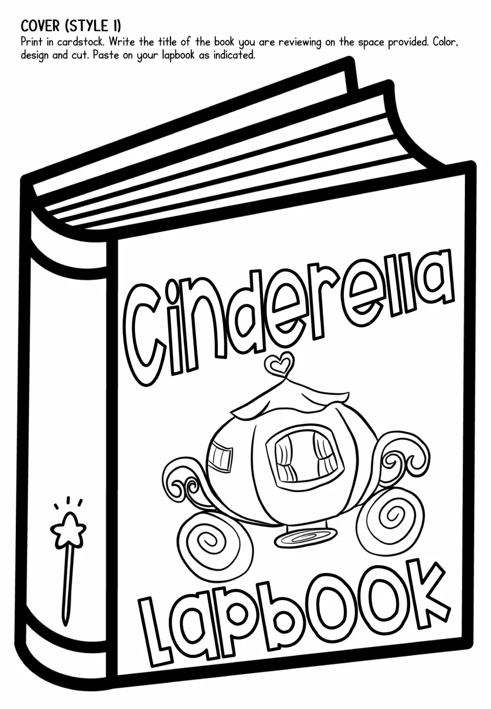Lapbook cover option 1 features a closed book labeled 'Cinderella Lapbook' and a pumpkin carriage to color