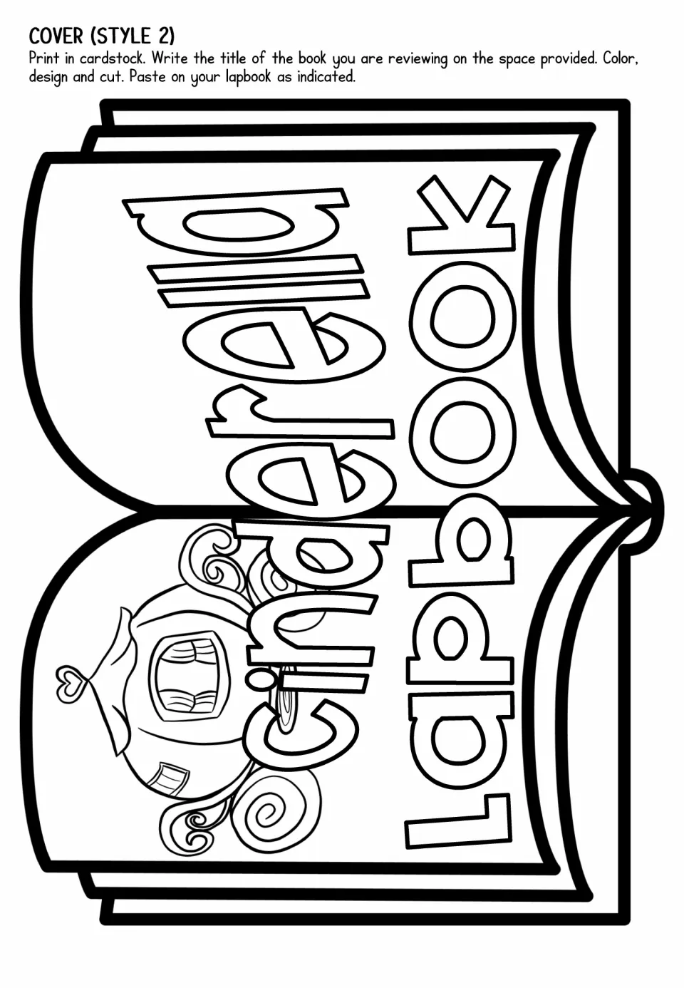 Lapbook cover option 2 features an open book labeled 'Cinderella Lapbook' and a pumpkin carriage to color