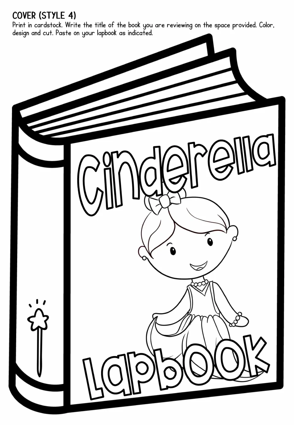 Lapbook cover option 4 features a closed book labeled 'Cinderella Lapbook' and Cinderella in a gown to color