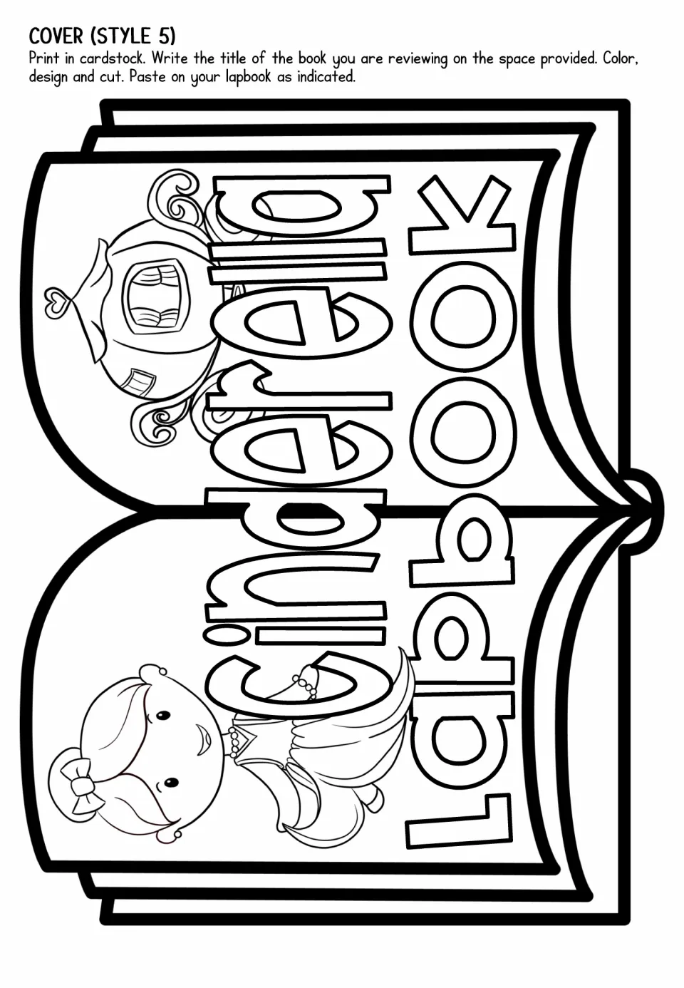Lapbook cover option 5 features an open book labeled 'Cinderella Lapbook' with Cinderella and her carriage