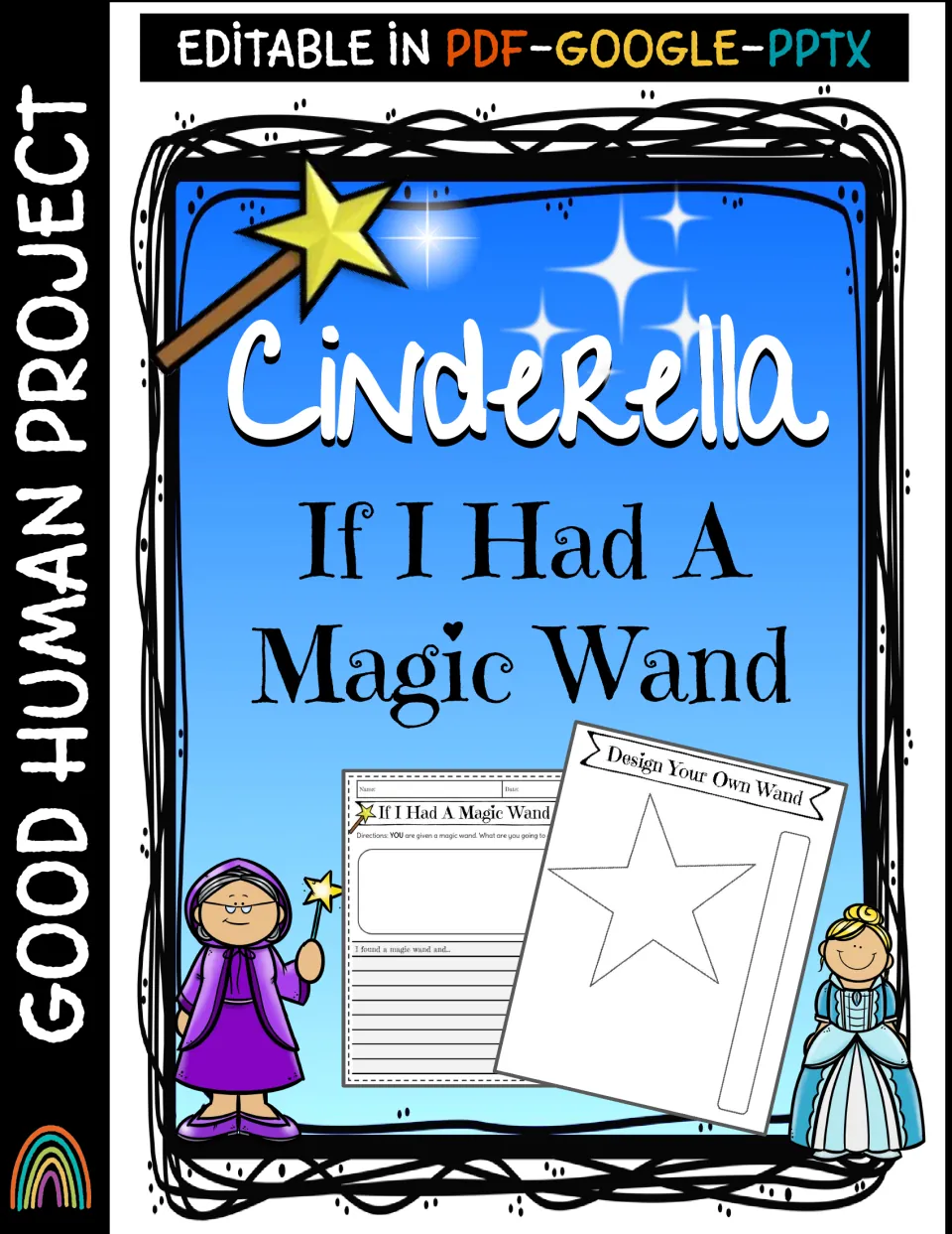 Cinderella If I Had A Magic Wand cover previewing a writing prompt page and a Design Your Own Wand craft template