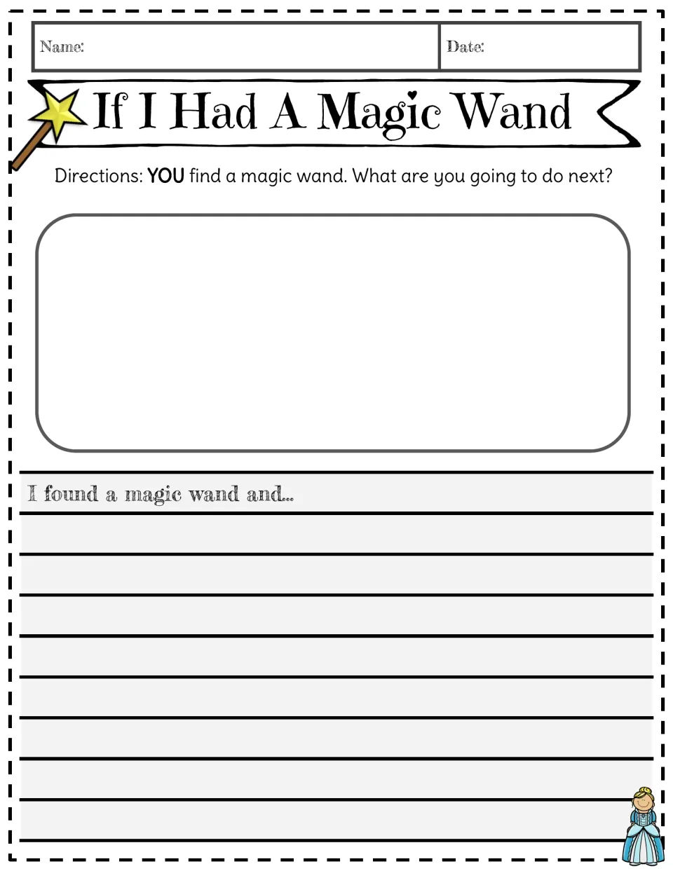 Narrative writing: students draw what they do after finding a magic wand, then continue 'I found a magic wand and...'