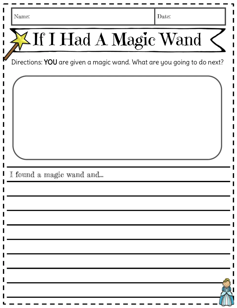 Magic wand prompt variant: students are given a wand, sketch their next move and finish 'I found a magic wand and...'