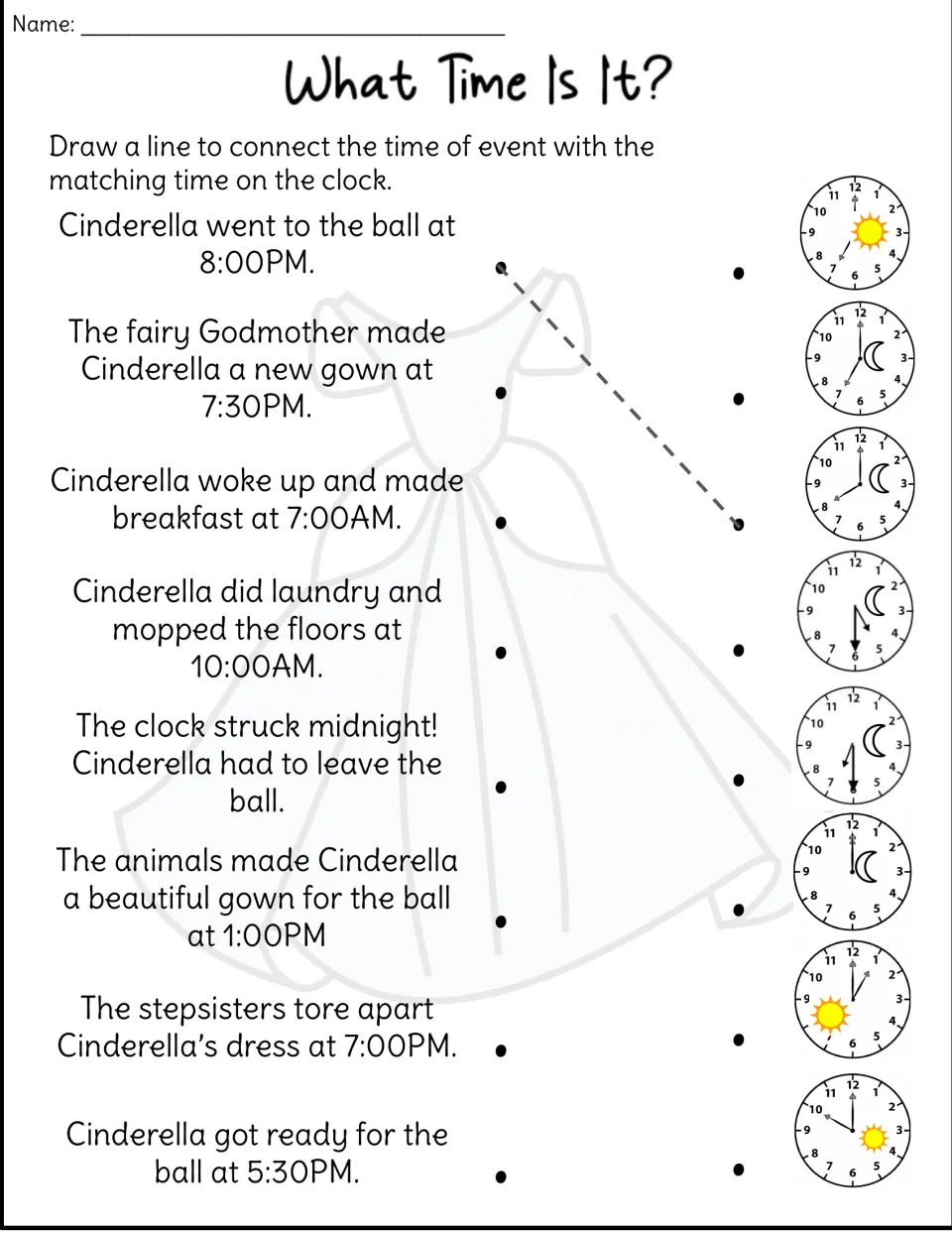 Telling time to the hour and half hour: students draw lines matching 8 Cinderella story events to analog clock faces