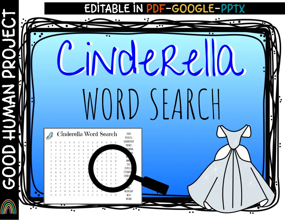 Cover: Cinderella word search, editable in PDF, Google and PPTX, with a puzzle preview, magnifying glass and ball gown