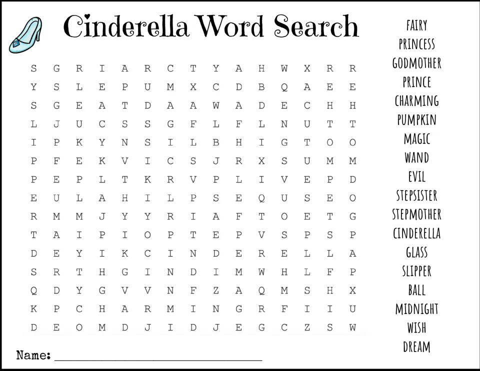 Fairy tale vocabulary puzzle: students find 18 story words such as godmother, pumpkin, slipper and midnight in the letters