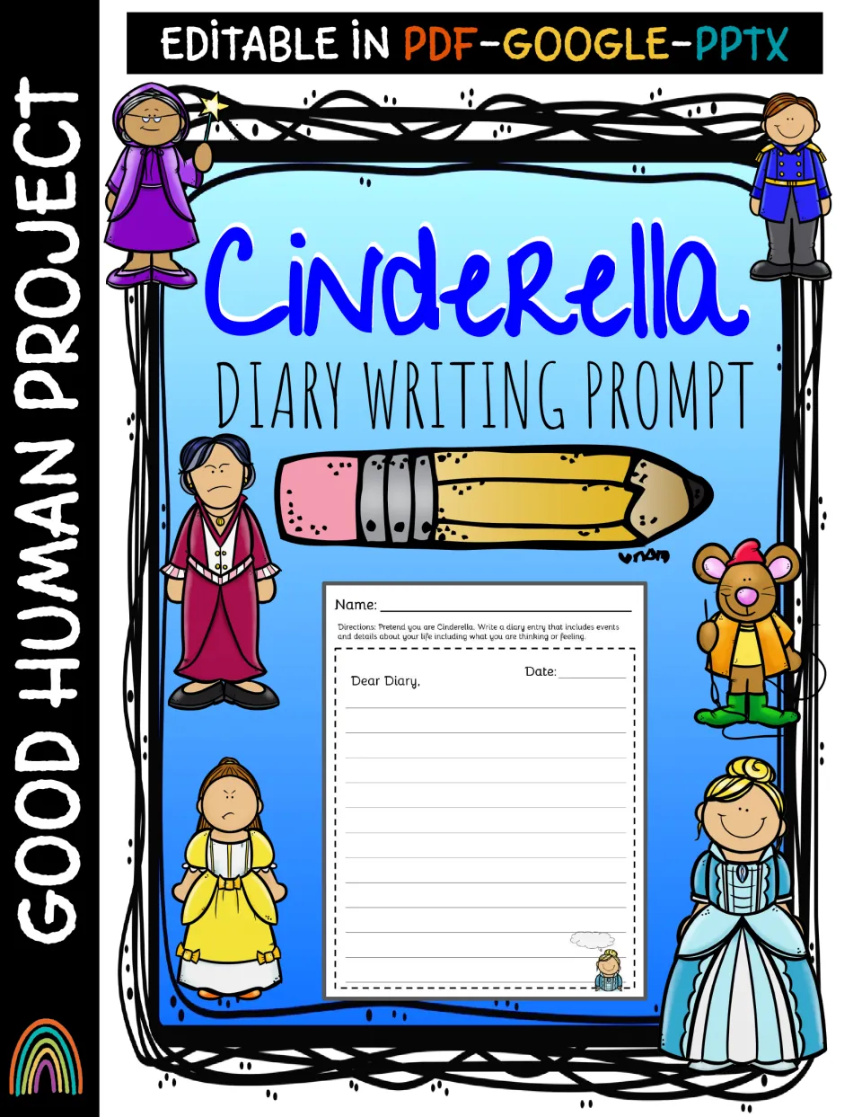 Cinderella Writing Diary cover identifies the diary writing prompt resource as editable in PDF, Google, and PPTX
