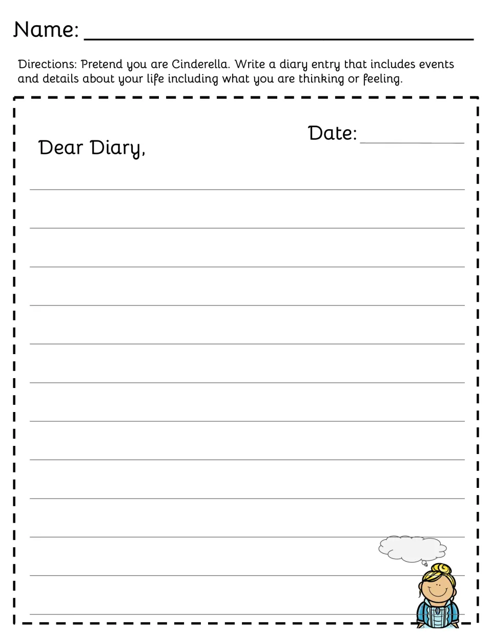 Cinderella diary prompt asks students to write as Cinderella about life events, thoughts, and feelings