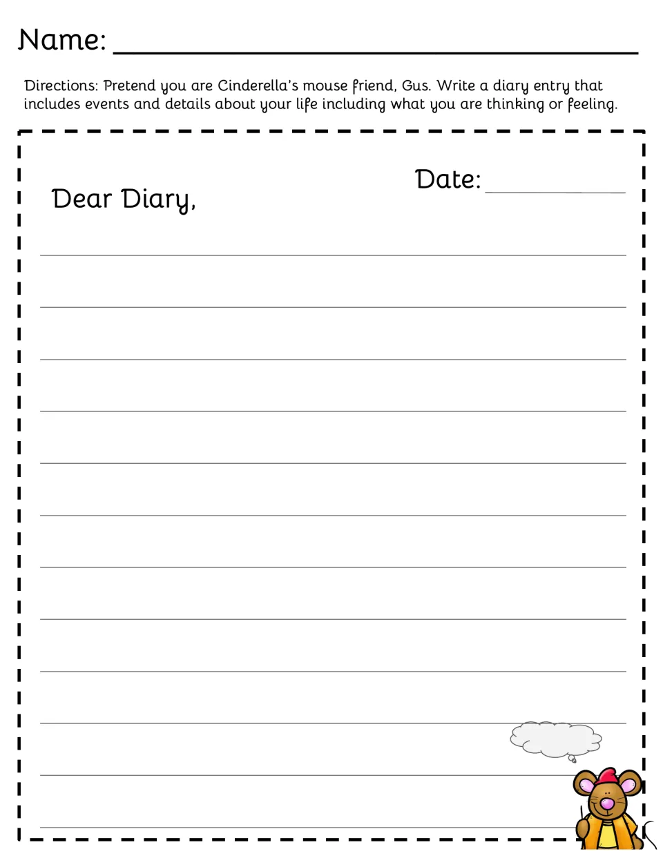 Gus diary prompt asks students to write as Cinderella's mouse friend about life events, thoughts, and feelings