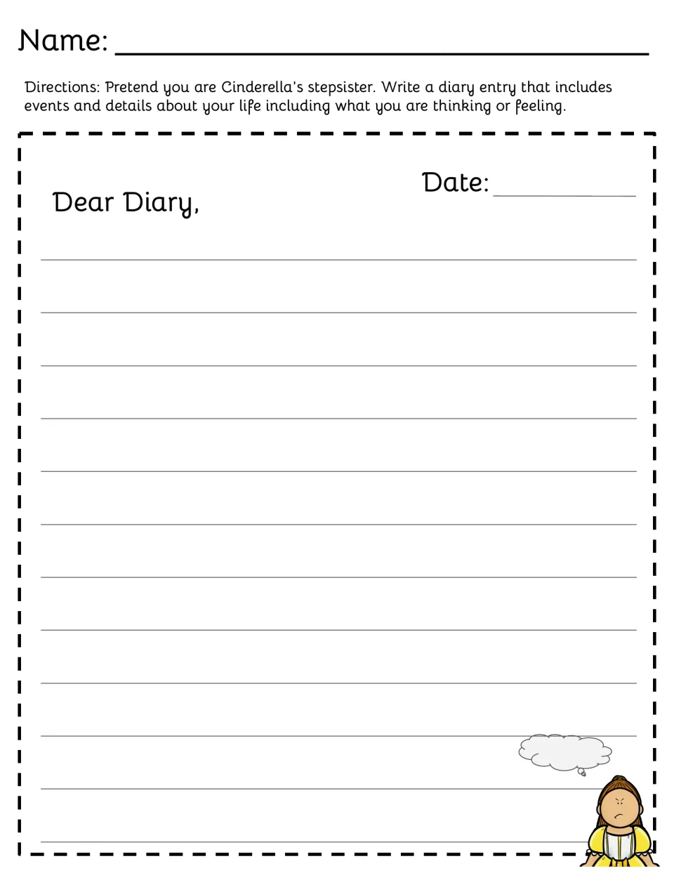 Stepsister diary prompt asks students to write as Cinderella's stepsister about events, thoughts, and feelings