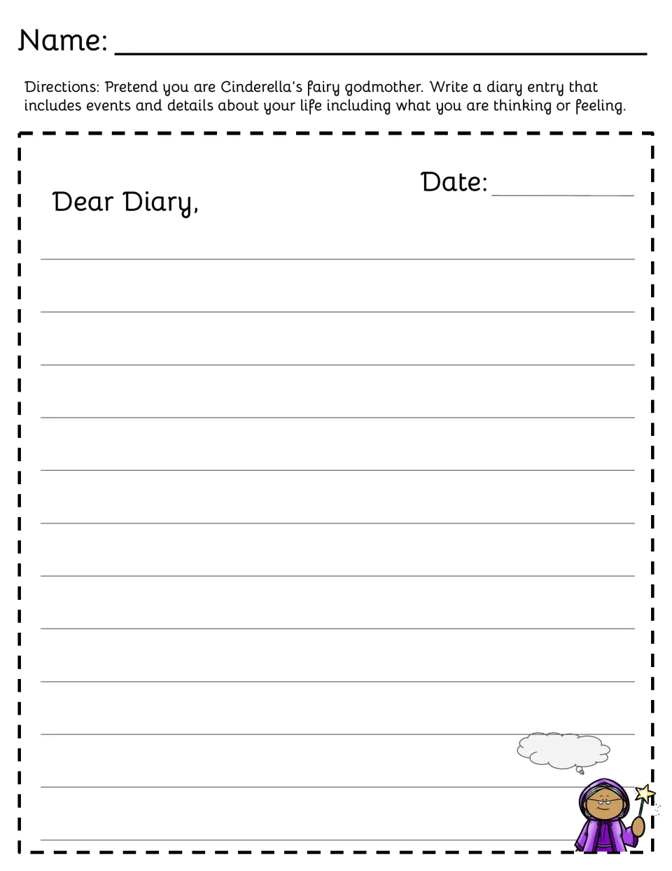 Fairy godmother diary prompt asks students to write as Cinderella's fairy godmother about life and feelings