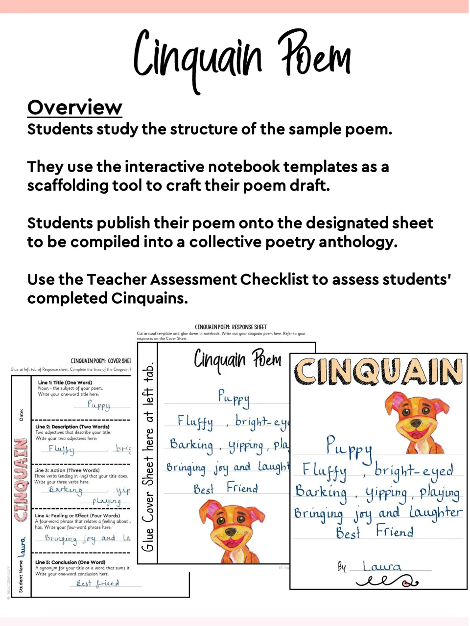 Cinquain Poem overview: study a sample, draft in notebook templates, publish, then assess, shown with a finished puppy poem