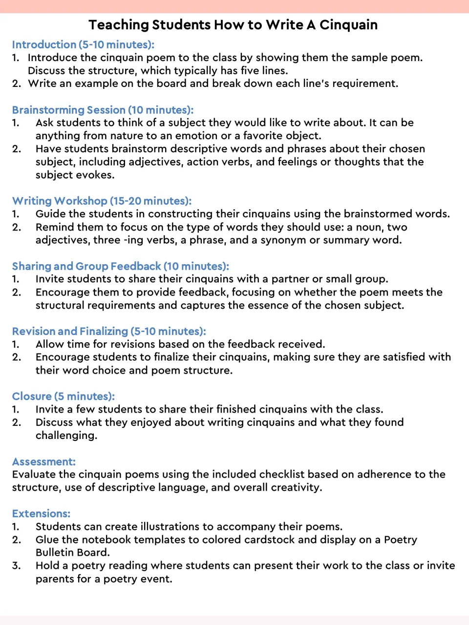Lesson plan for teaching cinquains: timed steps from introduction and brainstorming to writing, feedback and closure