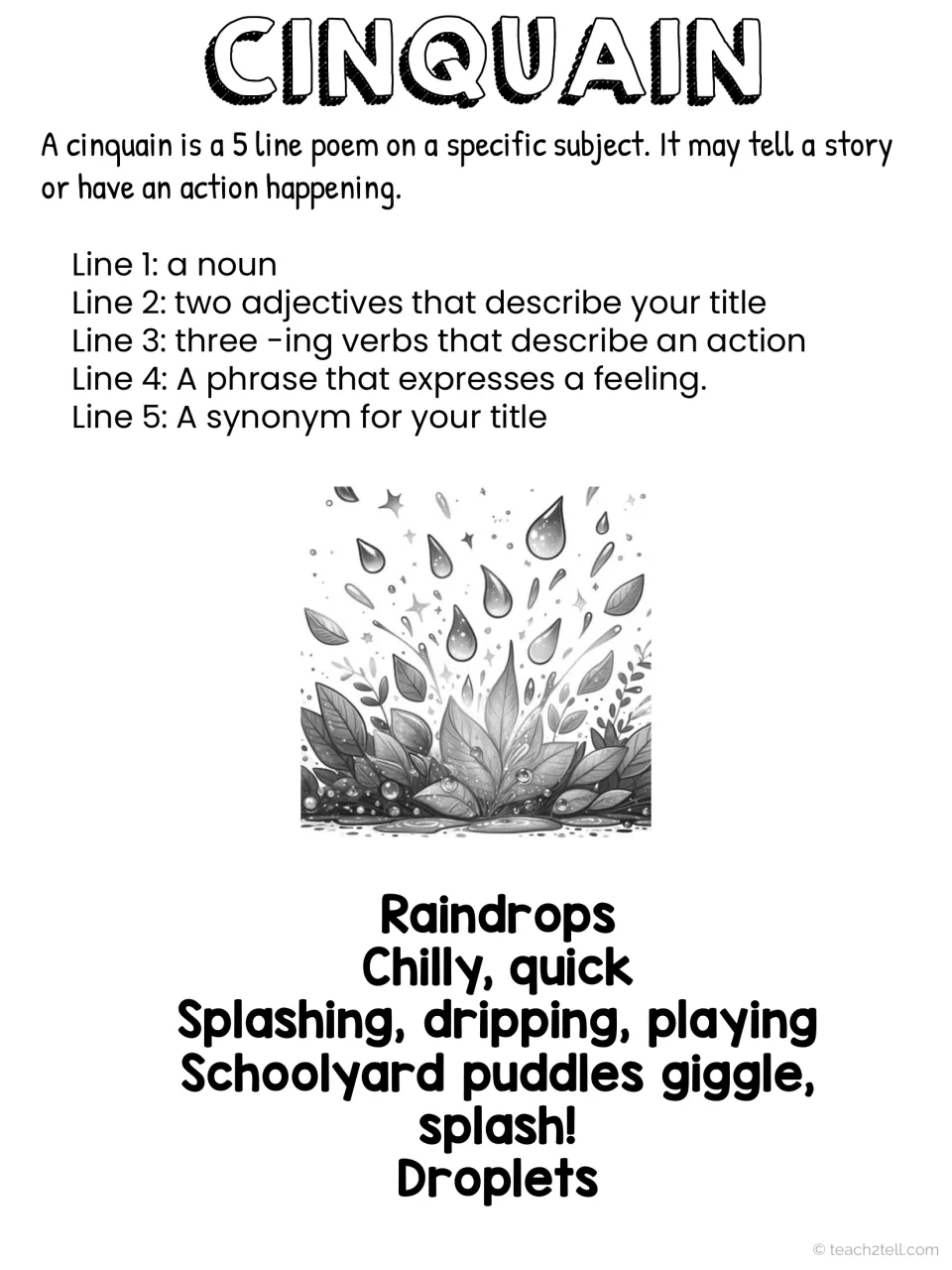 Cinquain structure reference in black and white: five line rules plus a model poem about raindrops ending in Droplets
