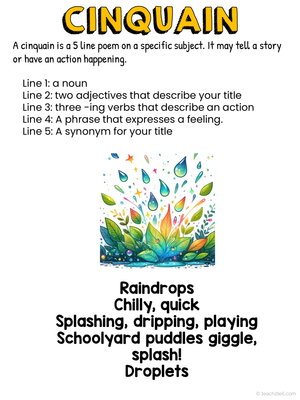 Color cinquain rules page: noun, two adjectives, three -ing verbs, a feeling phrase and a synonym, with the raindrop poem