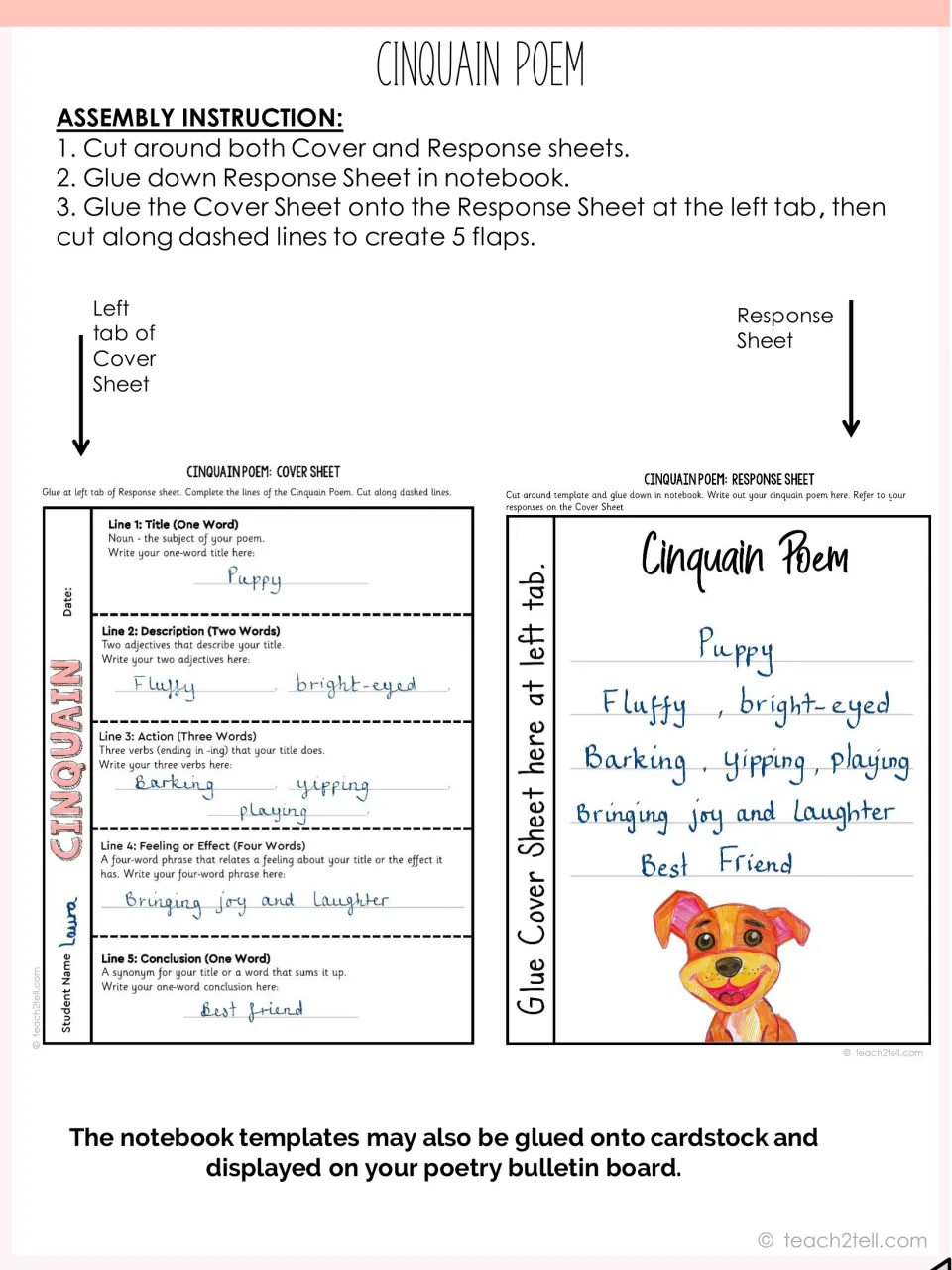 Assembly steps for the cinquain flap book: cut both sheets, glue Response Sheet down, attach Cover Sheet, cut 5 flaps