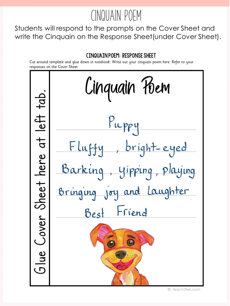 Completed response sheet example: a handwritten puppy cinquain from Puppy to Best Friend with a drawing of a smiling dog