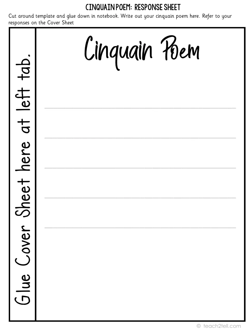 Cinquain response sheet: students copy their finished five-line poem as a final draft under the Cinquain Poem heading