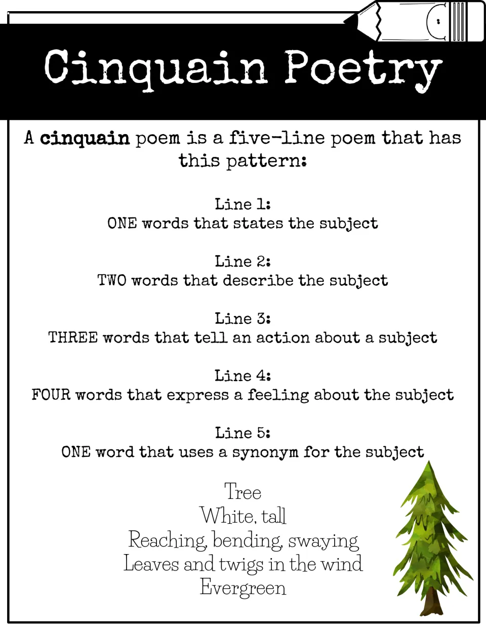 Cinquain pattern poster: five-line rules from a one-word subject to a synonym, with a model poem about a tree