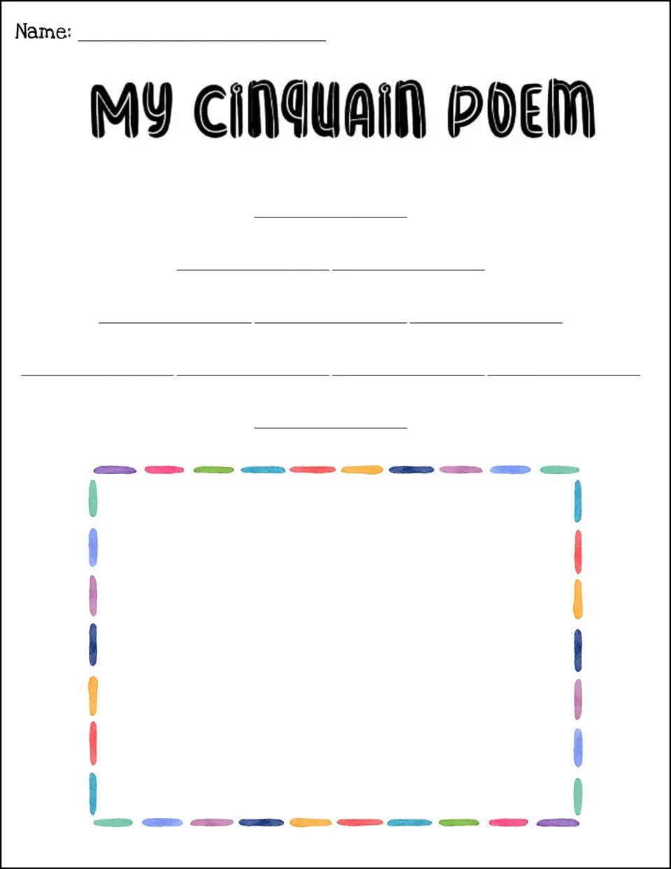 My Cinquain Poem template: students write a five-line poem in 1-2-3-4-1 word blanks, then draw it below