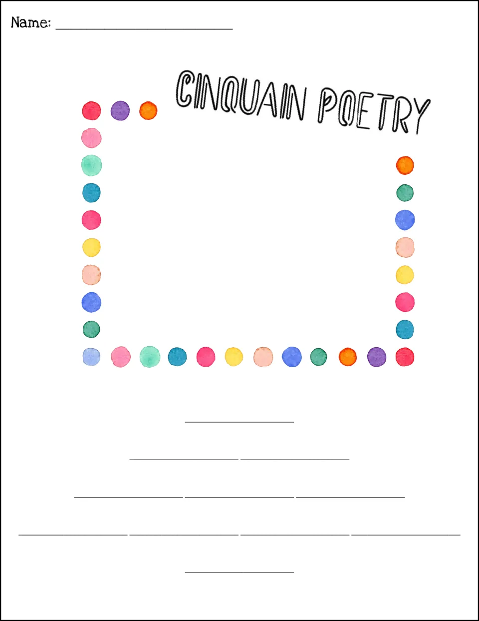 Cinquain template with drawing space at top: students illustrate first, then write 1-2-3-4-1 words below