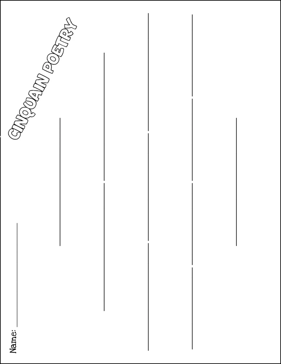 Landscape cinquain organizer with outlined heading: students write a five-line poem of 1, 2, 3, 4 and 1 words