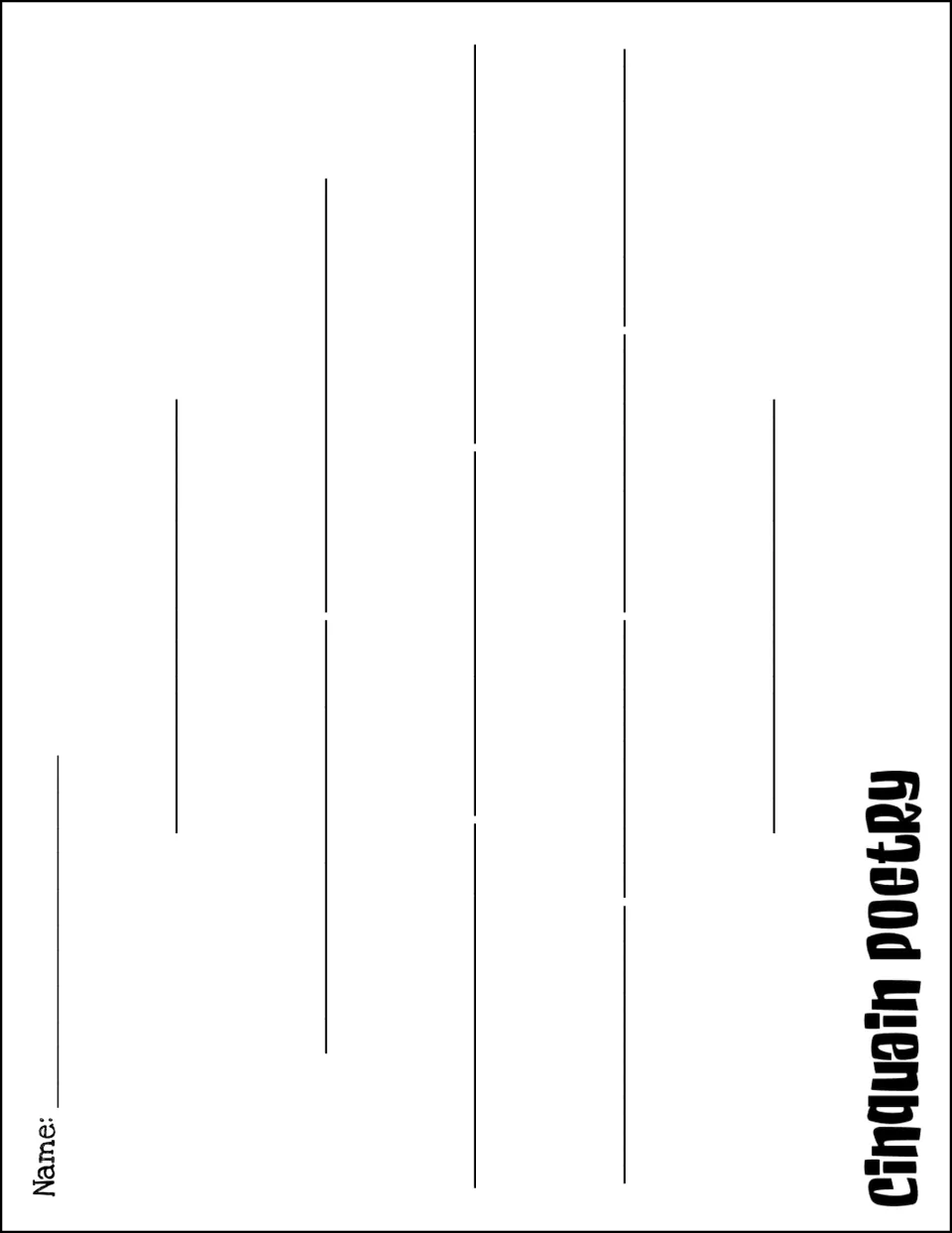 Landscape cinquain organizer, bold heading version: name and five word-count rows for a 1-2-3-4-1 poem
