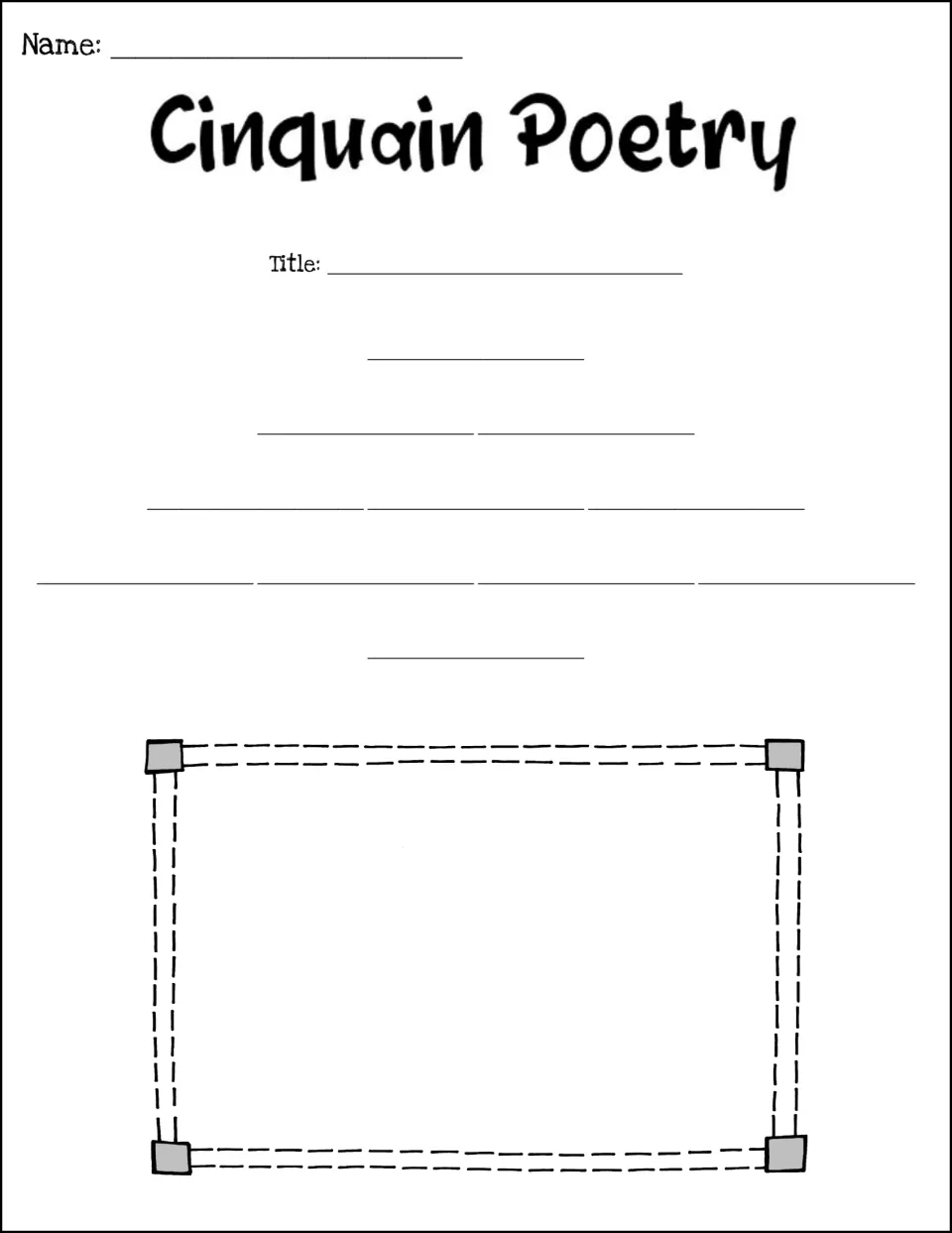 Titled cinquain template: students add a poem title, fill five rows of 1-2-3-4-1 words and sketch below