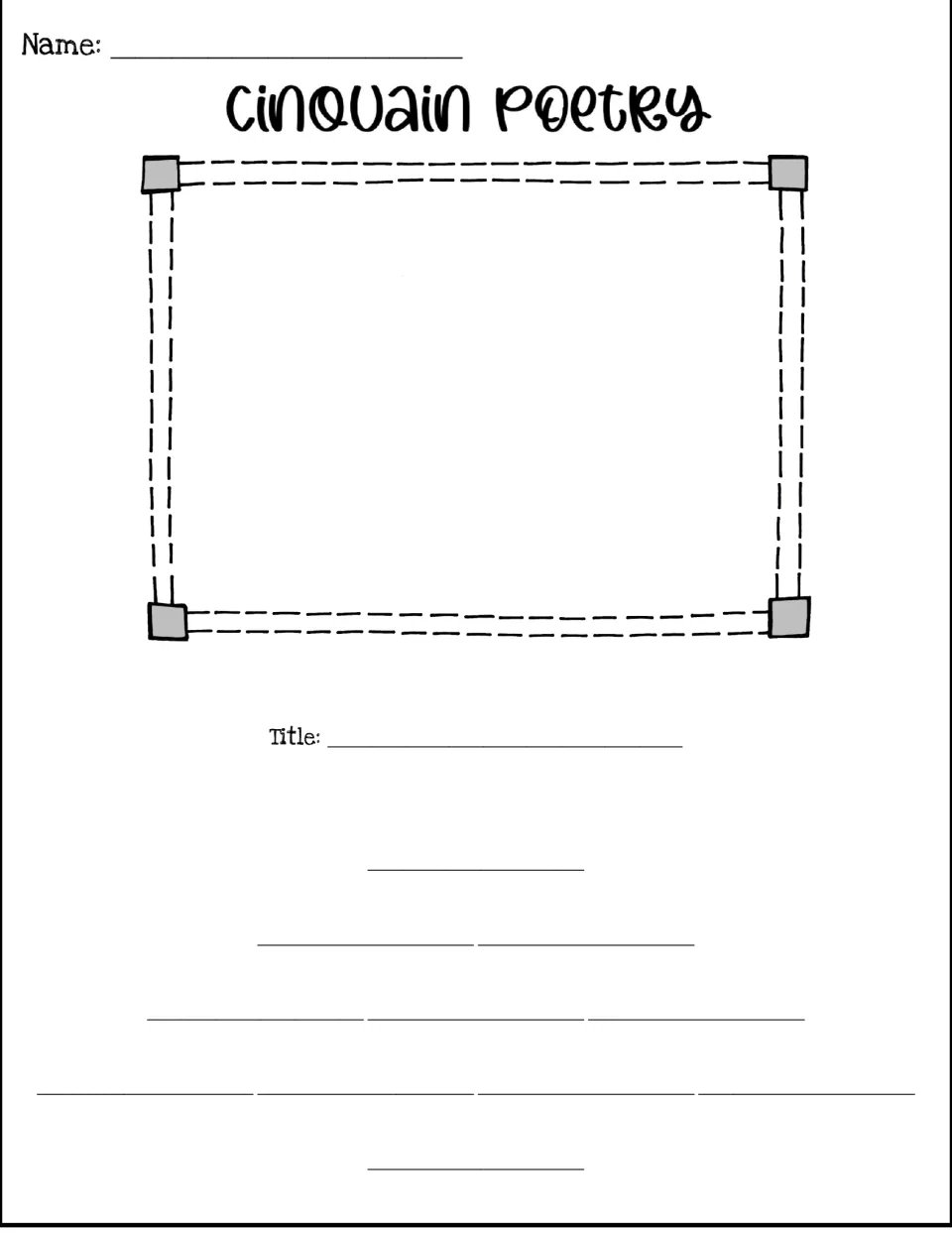 Picture-first cinquain template: students draw at top, then add a title and write their five-line poem