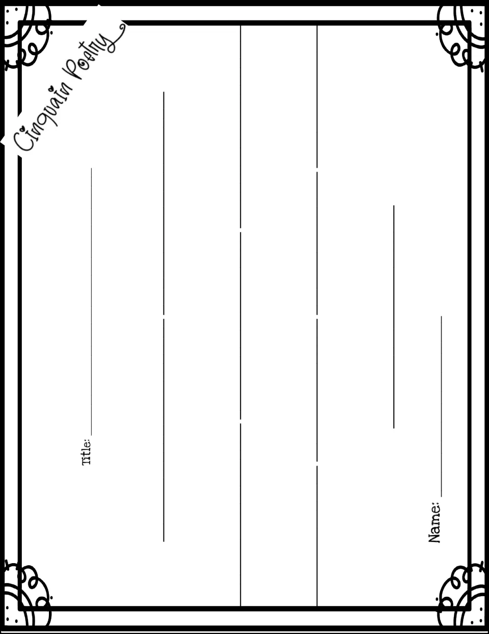 Landscape cinquain organizer with title blank and scroll corners for drafting a five-line cinquain poem